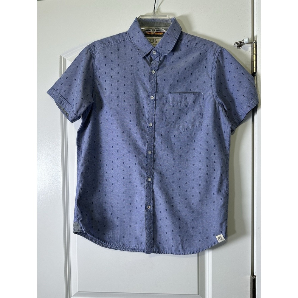 Free Planet Button Up Shirt Men's Medium‎ Blue Boat Anchor Print Cotton Organic